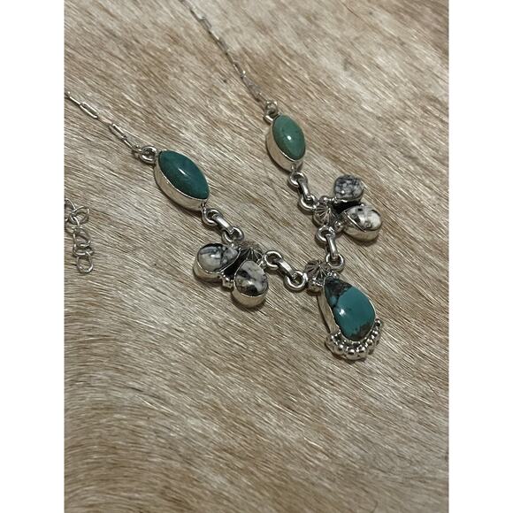 Native Navajo SW Sterling SilverWhite Buffalo & Green Turquoise Cluster Necklace - Picture 4 of 10